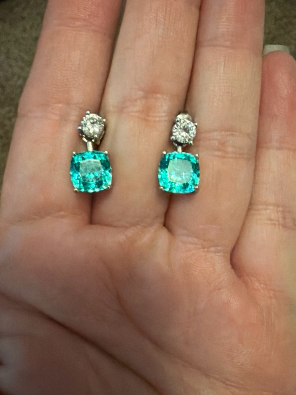 Silver Drop Earrings with Aqua Blue Cushion Stones